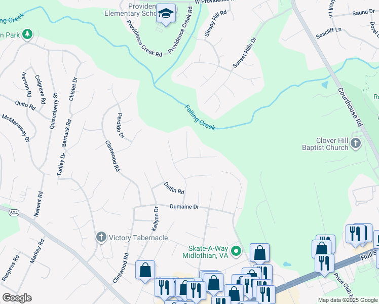 map of restaurants, bars, coffee shops, grocery stores, and more near 2717 Puckett Court in Midlothian