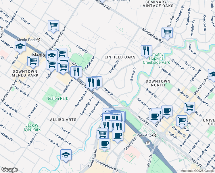 map of restaurants, bars, coffee shops, grocery stores, and more near 20 Willow Road in Menlo Park