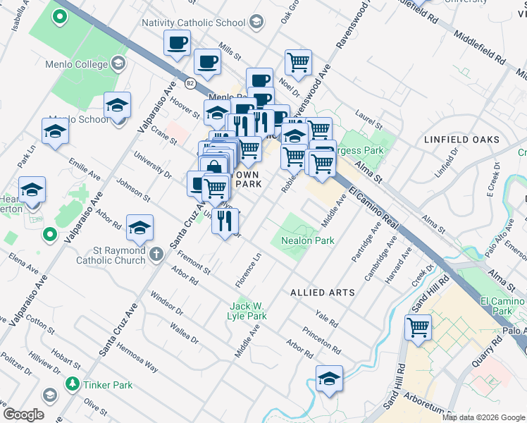 map of restaurants, bars, coffee shops, grocery stores, and more near 838 Roble Avenue in Menlo Park