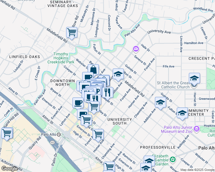map of restaurants, bars, coffee shops, grocery stores, and more near 525 University Avenue in Palo Alto