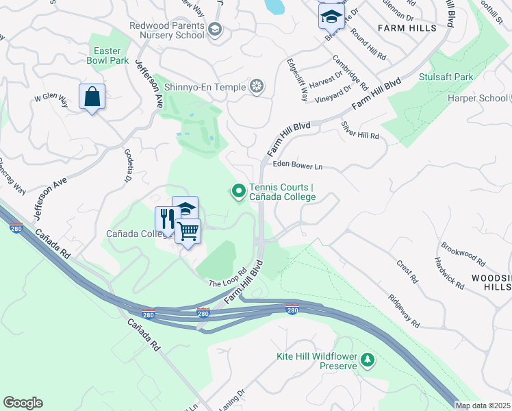 map of restaurants, bars, coffee shops, grocery stores, and more near 4080 Farm Hill Boulevard in Redwood City