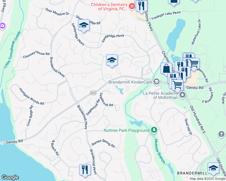 map of restaurants, bars, coffee shops, grocery stores, and more near 14019 Sagebrook Road in Midlothian