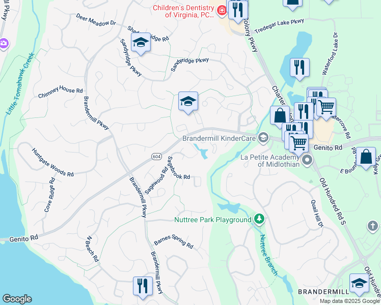 map of restaurants, bars, coffee shops, grocery stores, and more near 14019 Sagebrook Road in Midlothian