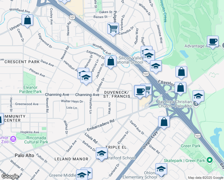 map of restaurants, bars, coffee shops, grocery stores, and more near 1860 Hamilton Avenue in Palo Alto