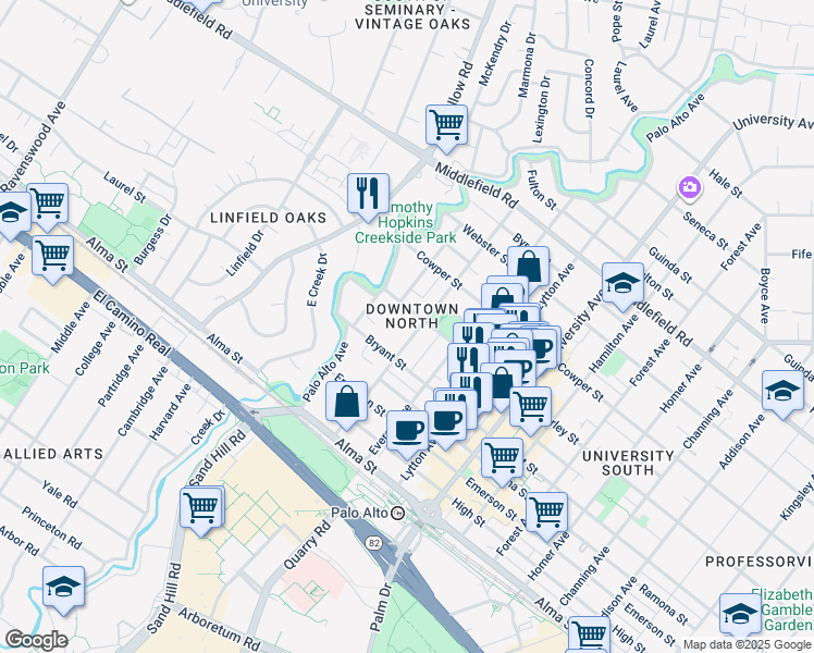 map of restaurants, bars, coffee shops, grocery stores, and more near 356 Hawthorne Avenue in Palo Alto