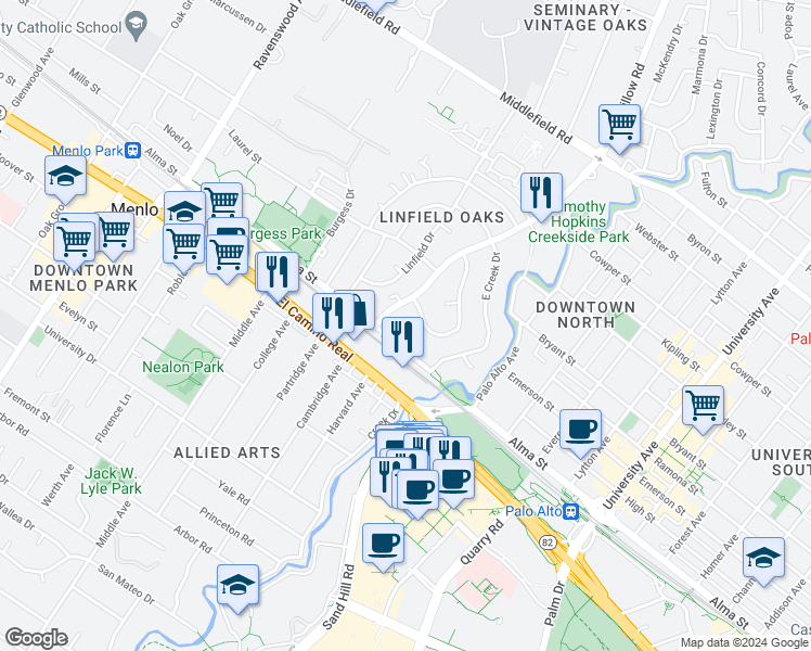 map of restaurants, bars, coffee shops, grocery stores, and more near 20 Willow Road in Menlo Park