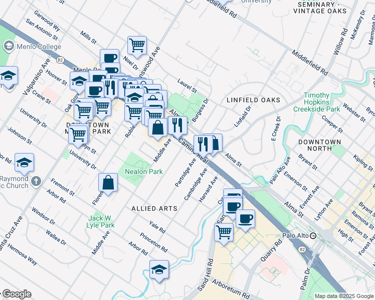map of restaurants, bars, coffee shops, grocery stores, and more near 631 College Avenue in Menlo Park