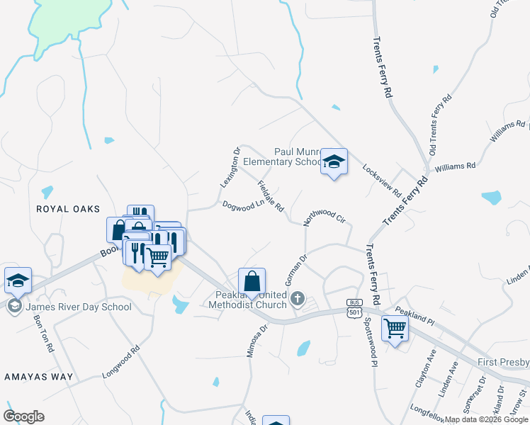 map of restaurants, bars, coffee shops, grocery stores, and more near 1604 Dogwood Lane in Lynchburg