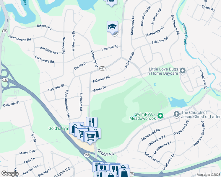 map of restaurants, bars, coffee shops, grocery stores, and more near 4011 Monza Drive in Richmond