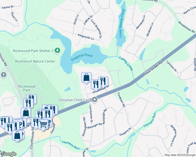 map of restaurants, bars, coffee shops, grocery stores, and more near 9009 Amberhill Loop in Richmond