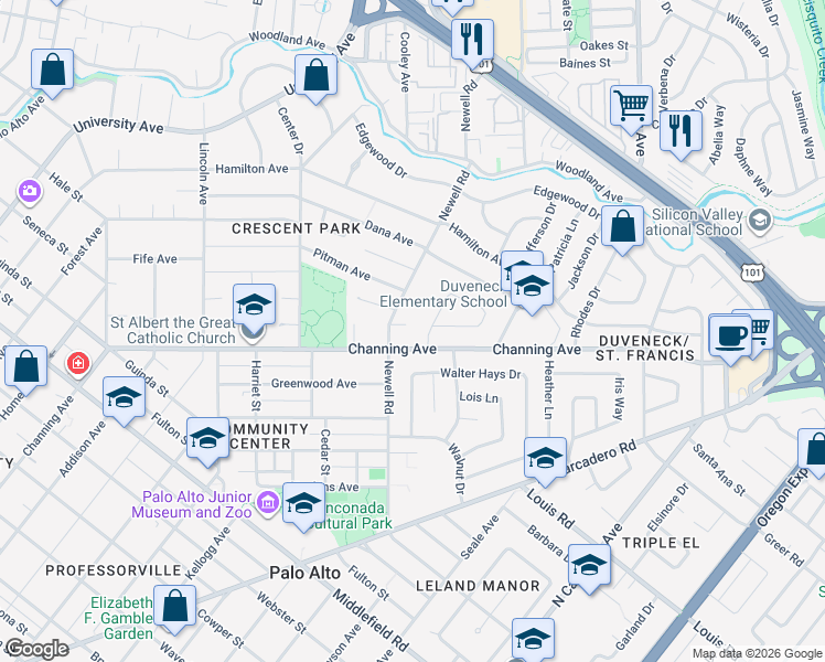 map of restaurants, bars, coffee shops, grocery stores, and more near 861 Newell Place in Palo Alto