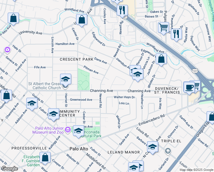 map of restaurants, bars, coffee shops, grocery stores, and more near 861 Newell Place in Palo Alto