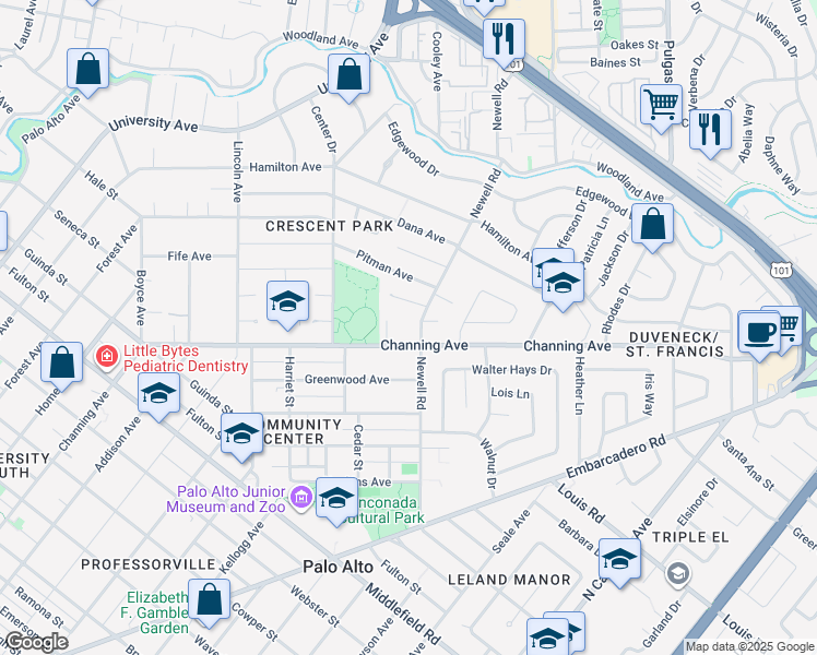 map of restaurants, bars, coffee shops, grocery stores, and more near 1435 Channing Avenue in Palo Alto