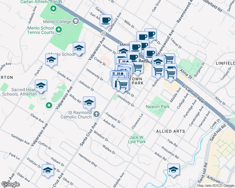 map of restaurants, bars, coffee shops, grocery stores, and more near 1010 University Drive in Menlo Park