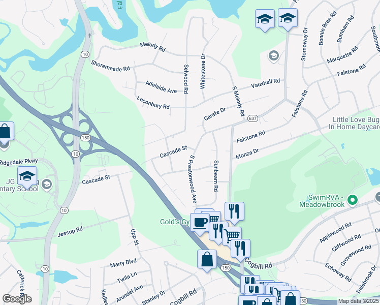 map of restaurants, bars, coffee shops, grocery stores, and more near 5232 South Prestonwood Avenue in Richmond