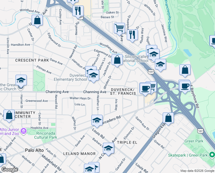 map of restaurants, bars, coffee shops, grocery stores, and more near 1813 Channing Avenue in Palo Alto