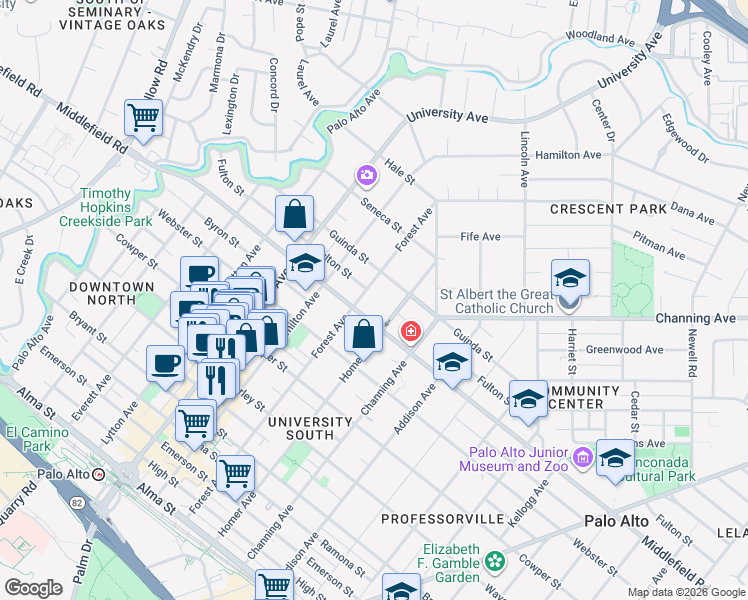 map of restaurants, bars, coffee shops, grocery stores, and more near 719 Middlefield Road in Palo Alto