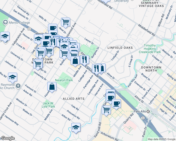 map of restaurants, bars, coffee shops, grocery stores, and more near 631 College Avenue in Menlo Park