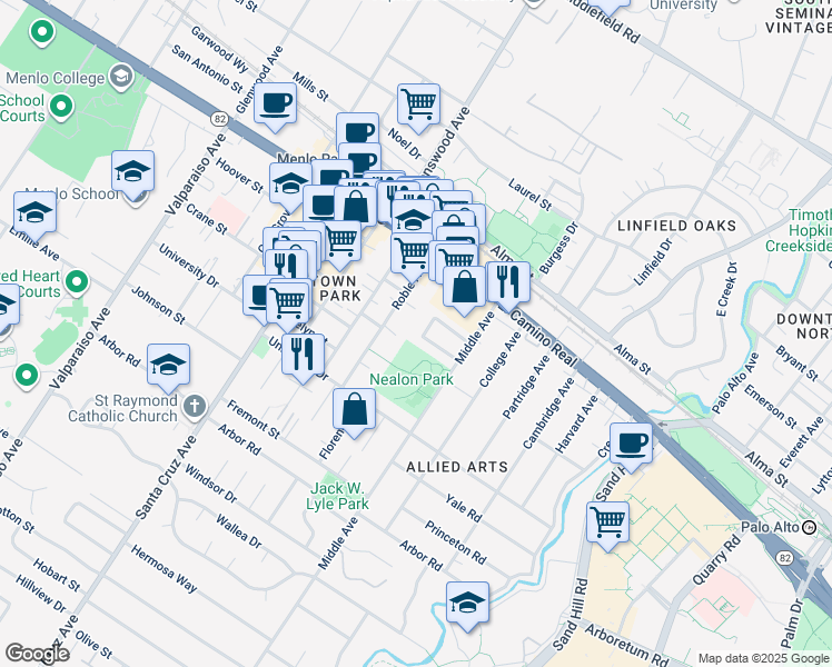 map of restaurants, bars, coffee shops, grocery stores, and more near in Menlo Park