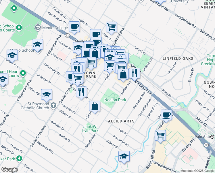 map of restaurants, bars, coffee shops, grocery stores, and more near in Menlo Park