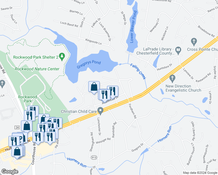 map of restaurants, bars, coffee shops, grocery stores, and more near 9019 Amberhill Loop in Richmond