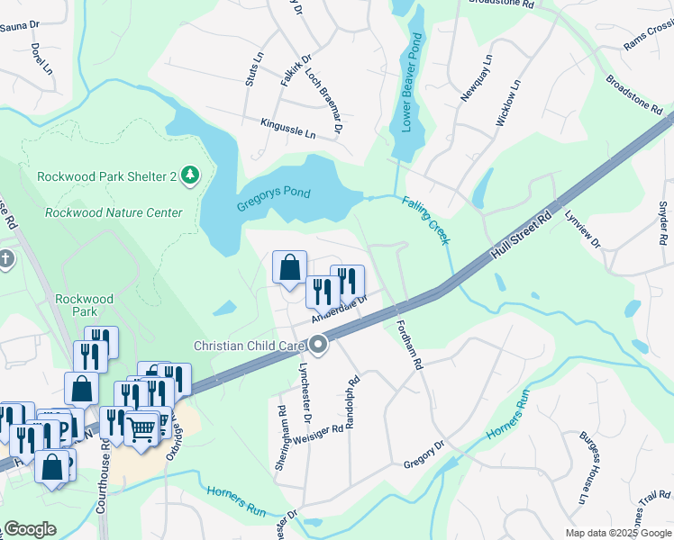 map of restaurants, bars, coffee shops, grocery stores, and more near 9019 Amberhill Loop in Richmond