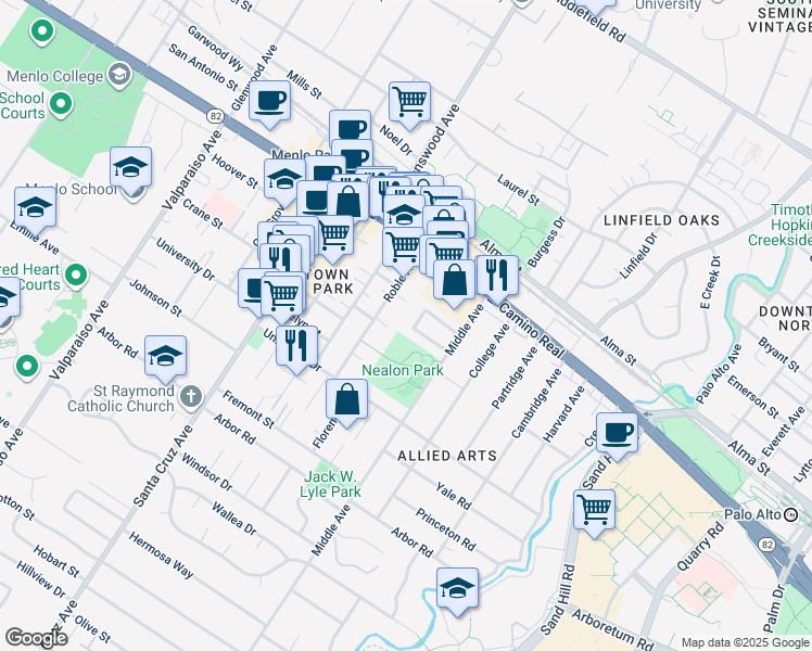 map of restaurants, bars, coffee shops, grocery stores, and more near in Menlo Park