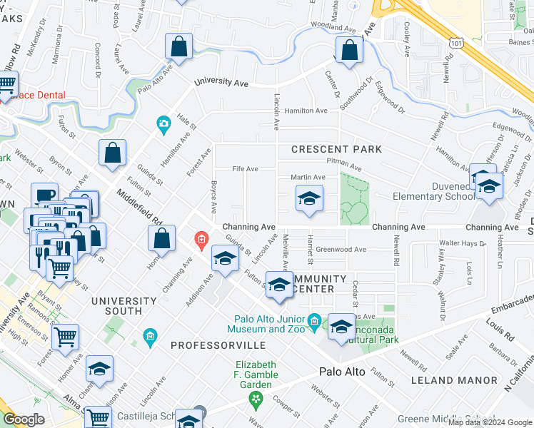 map of restaurants, bars, coffee shops, grocery stores, and more near 961 Channing Avenue in Palo Alto