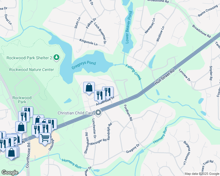 map of restaurants, bars, coffee shops, grocery stores, and more near 9032 Amberhill Loop in Richmond