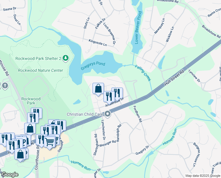 map of restaurants, bars, coffee shops, grocery stores, and more near 9011 Amberhill Loop in Richmond