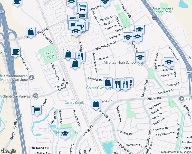 map of restaurants, bars, coffee shops, grocery stores, and more near 1245 Fontainbleu Avenue in Milpitas