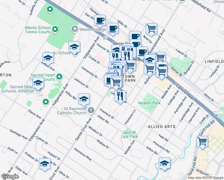 map of restaurants, bars, coffee shops, grocery stores, and more near 889 Santa Cruz Avenue in Menlo Park