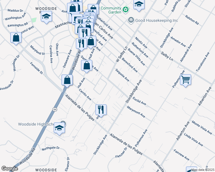 map of restaurants, bars, coffee shops, grocery stores, and more near 411 Montwood Circle in Redwood City