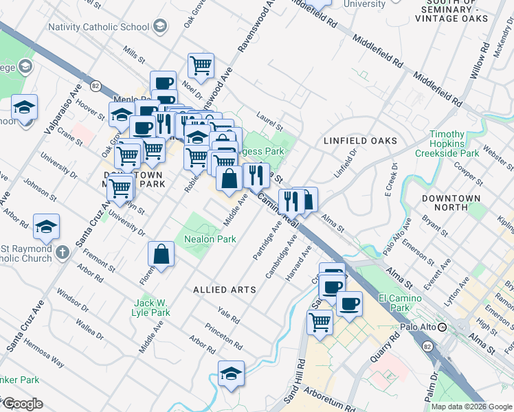 map of restaurants, bars, coffee shops, grocery stores, and more near 616 College Avenue in Menlo Park