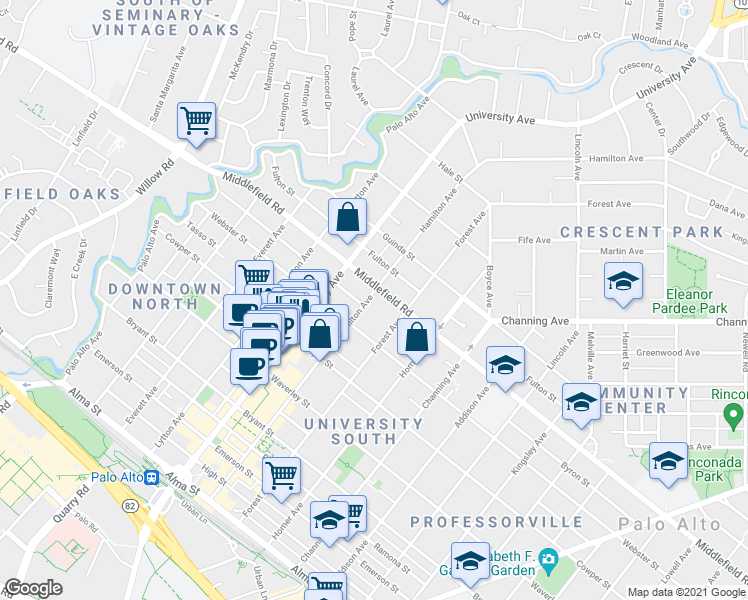 map of restaurants, bars, coffee shops, grocery stores, and more near 643 Forest Avenue in Palo Alto