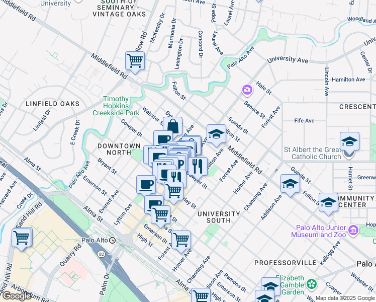 map of restaurants, bars, coffee shops, grocery stores, and more near in Palo Alto