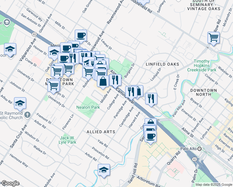 map of restaurants, bars, coffee shops, grocery stores, and more near 631 College Avenue in Menlo Park
