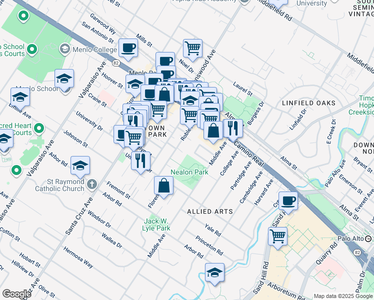 map of restaurants, bars, coffee shops, grocery stores, and more near in Menlo Park