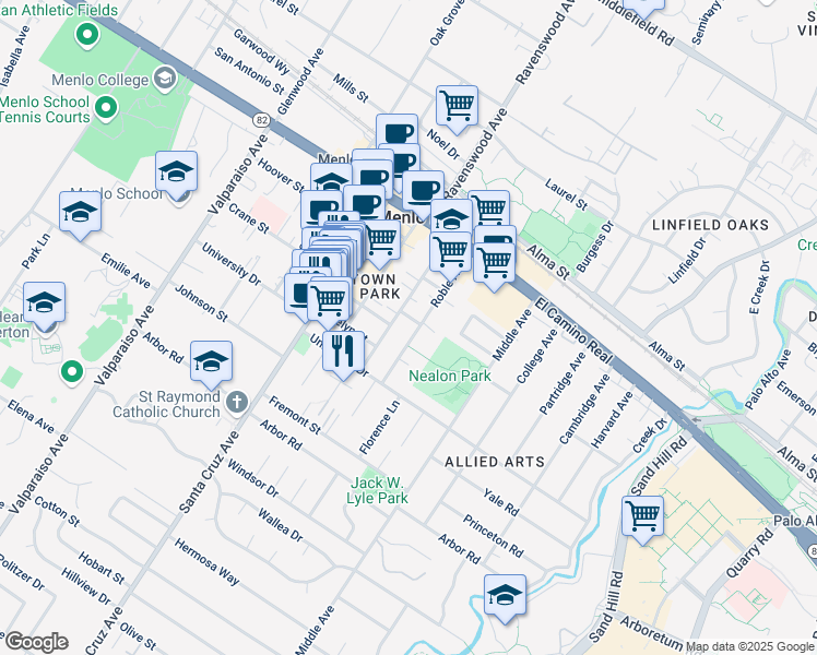 map of restaurants, bars, coffee shops, grocery stores, and more near 844 Roble Avenue in Menlo Park