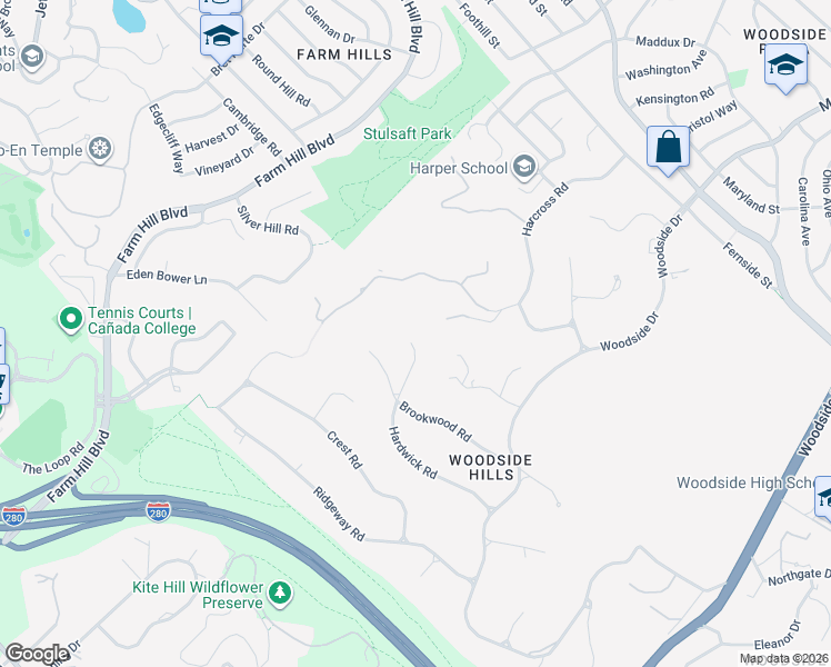 map of restaurants, bars, coffee shops, grocery stores, and more near 250 Hardwick Road in Woodside