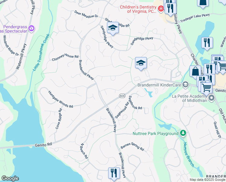 map of restaurants, bars, coffee shops, grocery stores, and more near 2800 Autumn Woods Court in Midlothian