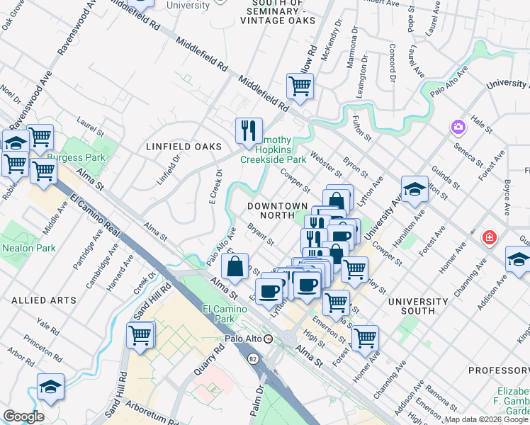 map of restaurants, bars, coffee shops, grocery stores, and more near 164 Waverley Street in Palo Alto