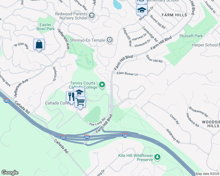 map of restaurants, bars, coffee shops, grocery stores, and more near 4080 Farm Hill Boulevard in Redwood City