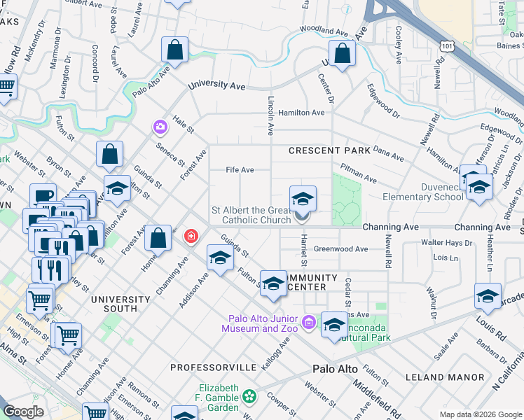 map of restaurants, bars, coffee shops, grocery stores, and more near 951 Channing Avenue in Palo Alto