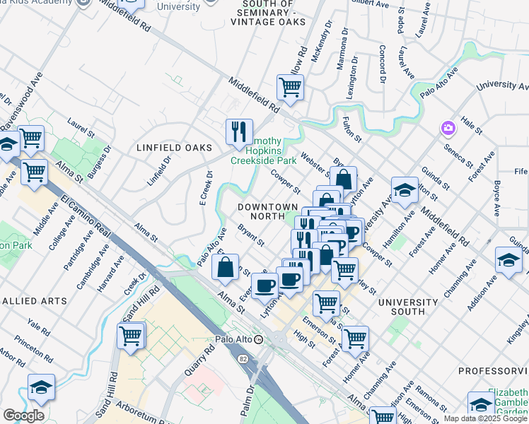 map of restaurants, bars, coffee shops, grocery stores, and more near 356 Hawthorne Avenue in Palo Alto