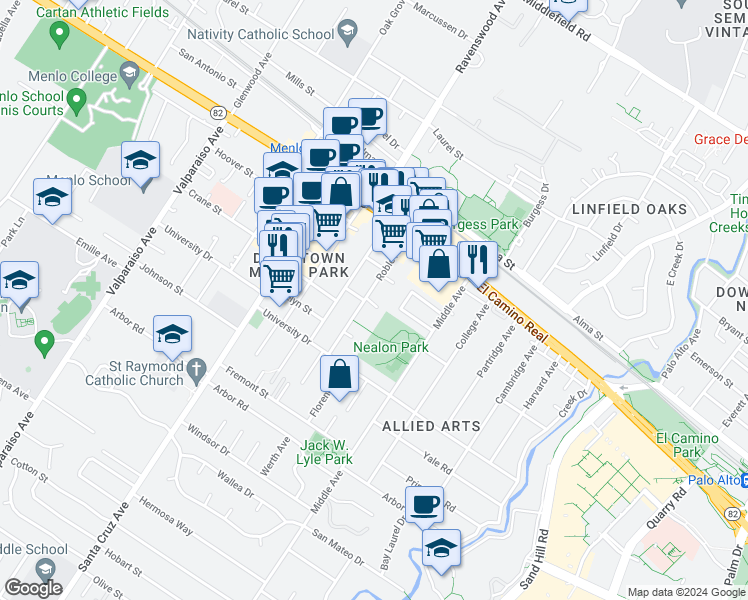 map of restaurants, bars, coffee shops, grocery stores, and more near in Menlo Park