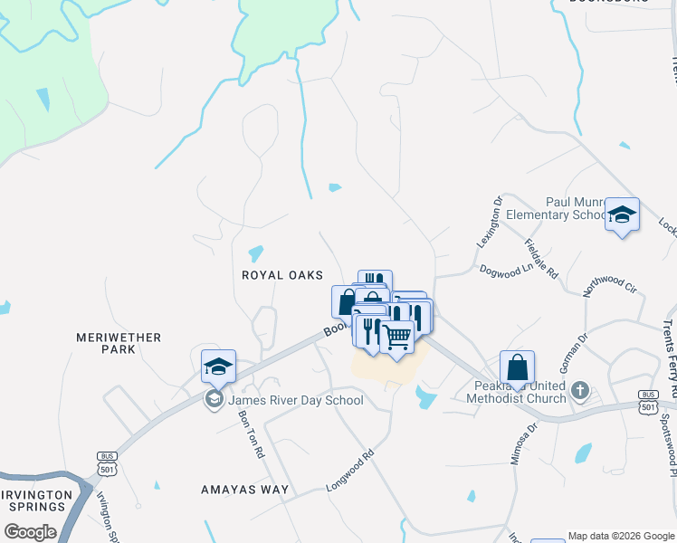 map of restaurants, bars, coffee shops, grocery stores, and more near 126-3588 Clearview Drive in Lynchburg