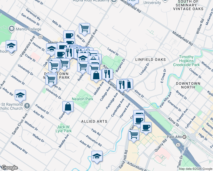 map of restaurants, bars, coffee shops, grocery stores, and more near 612 College Avenue in Menlo Park