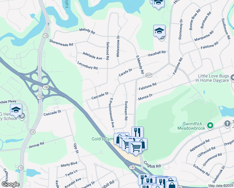 map of restaurants, bars, coffee shops, grocery stores, and more near 5217 South Prestonwood Avenue in Richmond