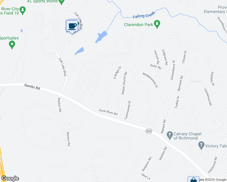 map of restaurants, bars, coffee shops, grocery stores, and more near 3003 Duck River Court in Midlothian